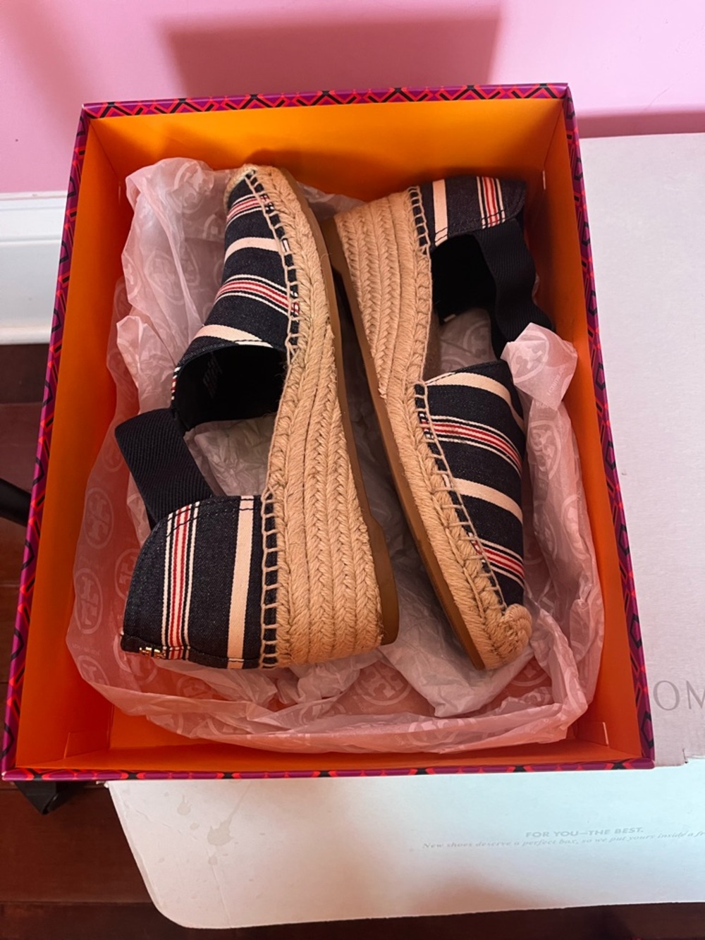 Tory Burch Navy and Pink Striped Espadrille Wedge Sandals